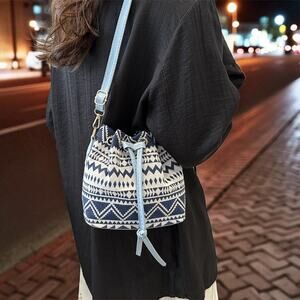 Boho Aztec Canvas Bucket Purse – Drawstring Crossbody Bag with Adjustable Strap